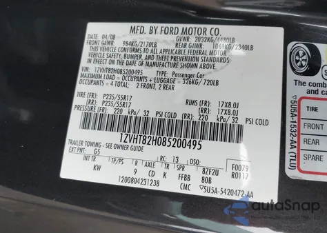 2008 Ford Mustang Gt Deluxe/Gt Premium z USA, uszkodzony, nr VIN 1ZVHT82H085200495